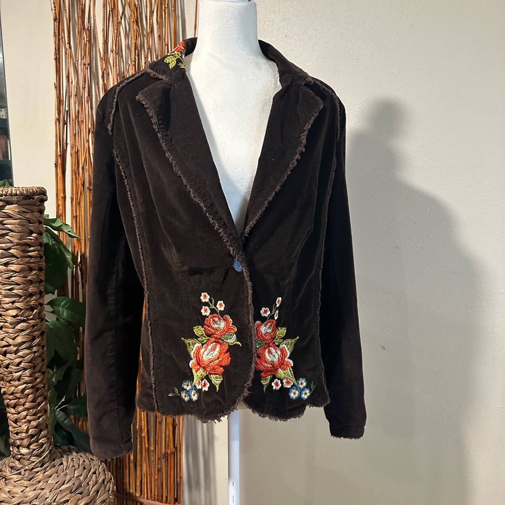Corduroy Embroidered Brown Blazer